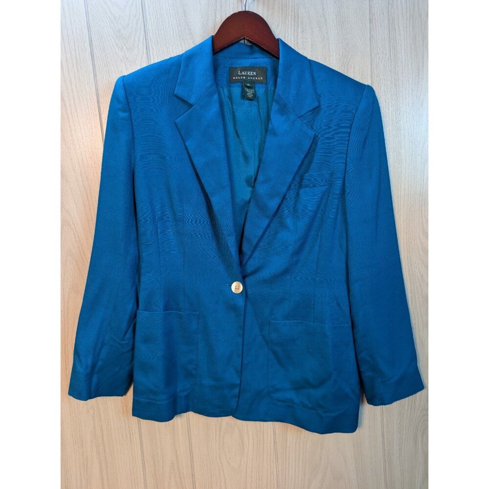 LAUREN RALPH LAUREN Blue 100% Silk Blazer Jacket Shoulder Pads 1-Button Size 6